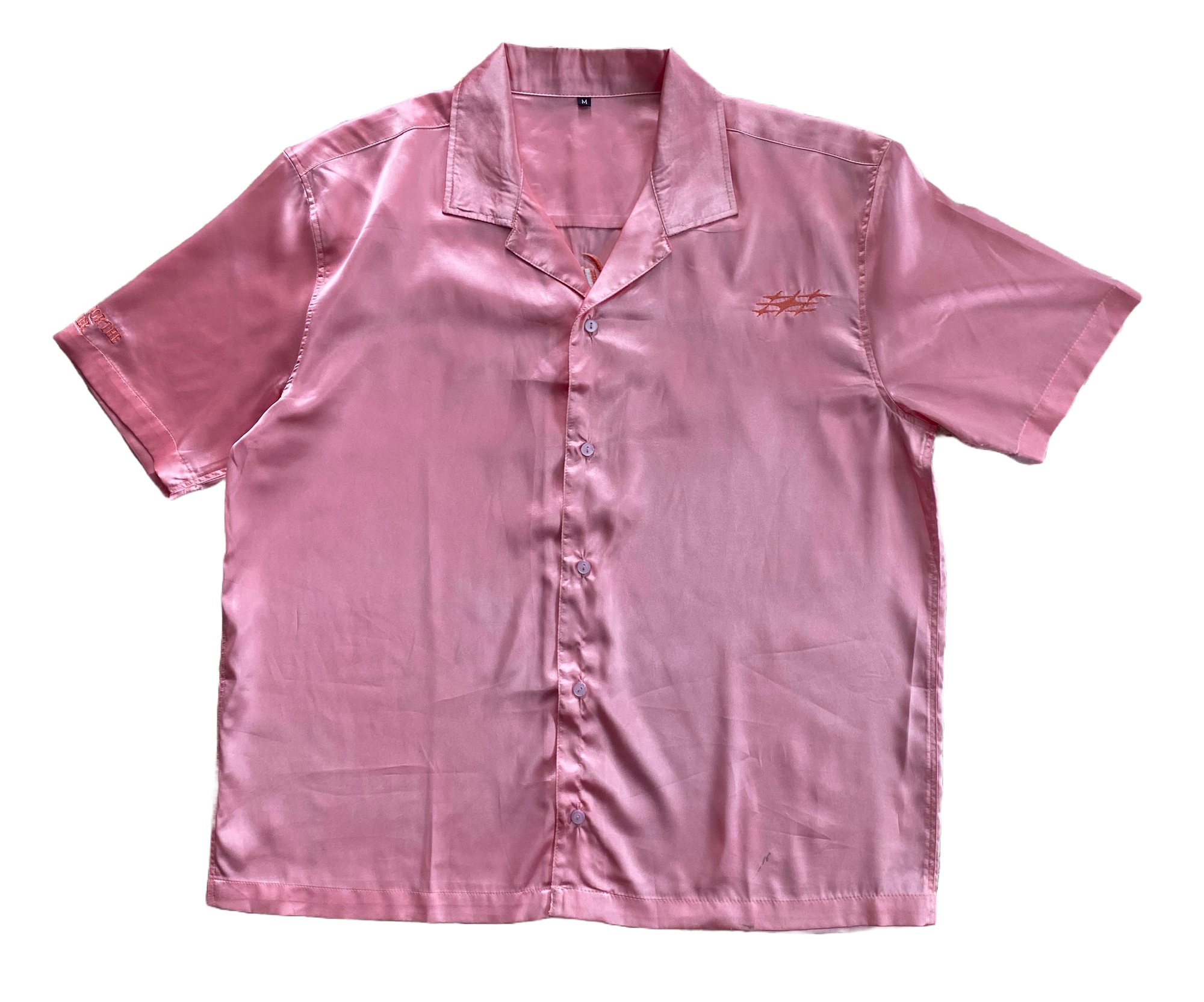 "PINKMAN" Oversized Half Sleeve Collared Pink Satin Embroidered Shirt