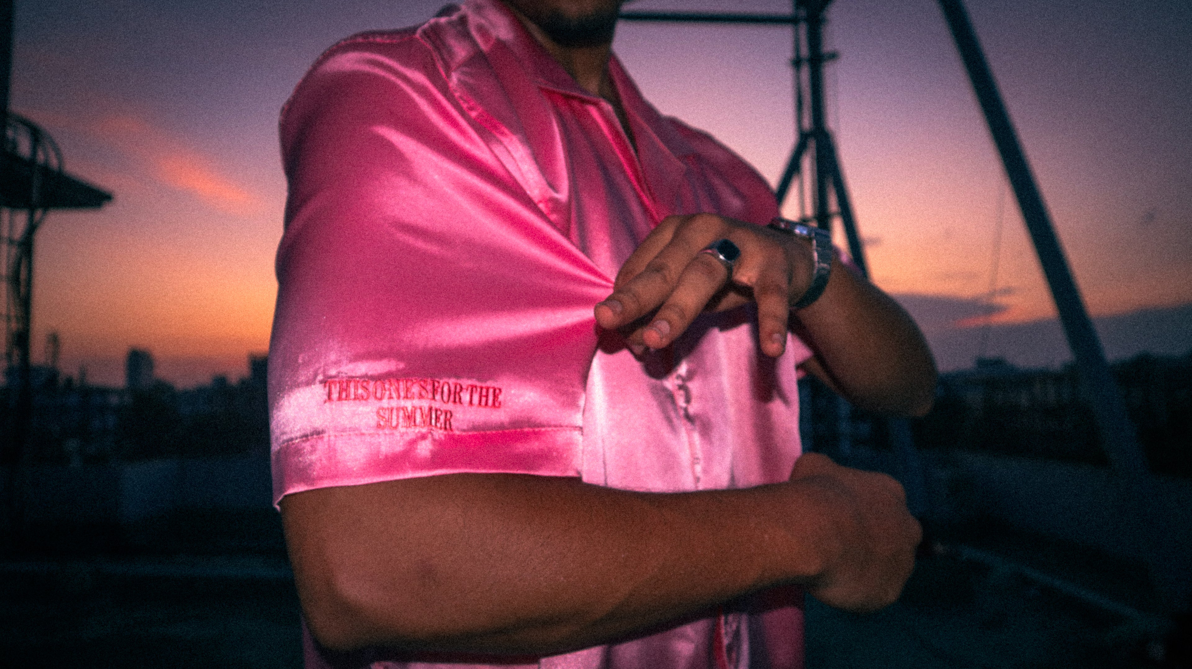 "PINKMAN" Oversized Half Sleeve Collared Pink Satin Embroidered Shirt