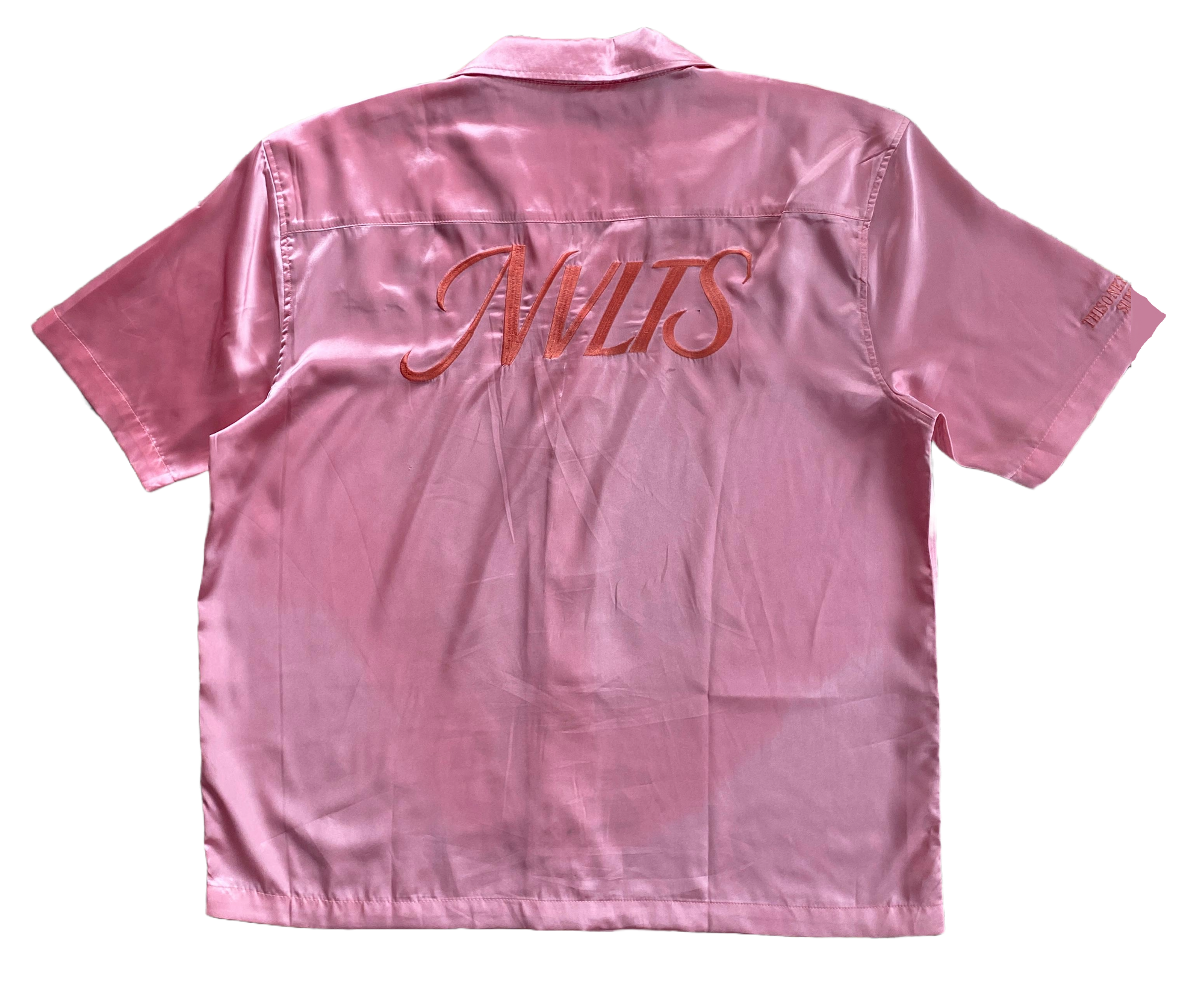 "PINKMAN" Oversized Half Sleeve Collared Pink Satin Embroidered Shirt
