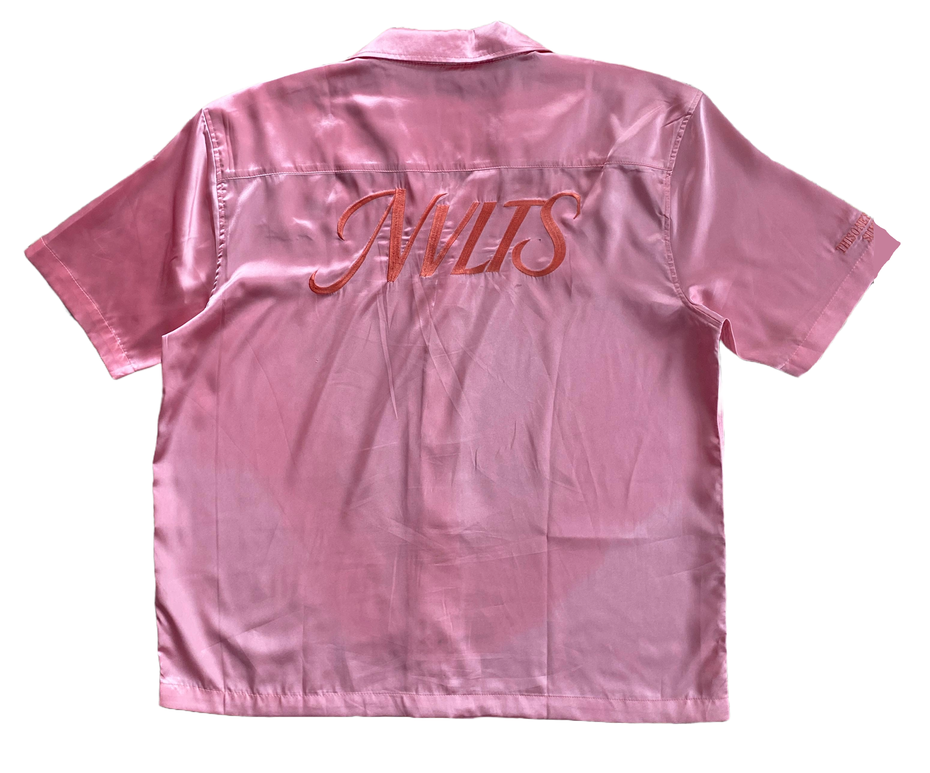 "PINKMAN" Oversized Half Sleeve Collared Pink Satin Embroidered Shirt