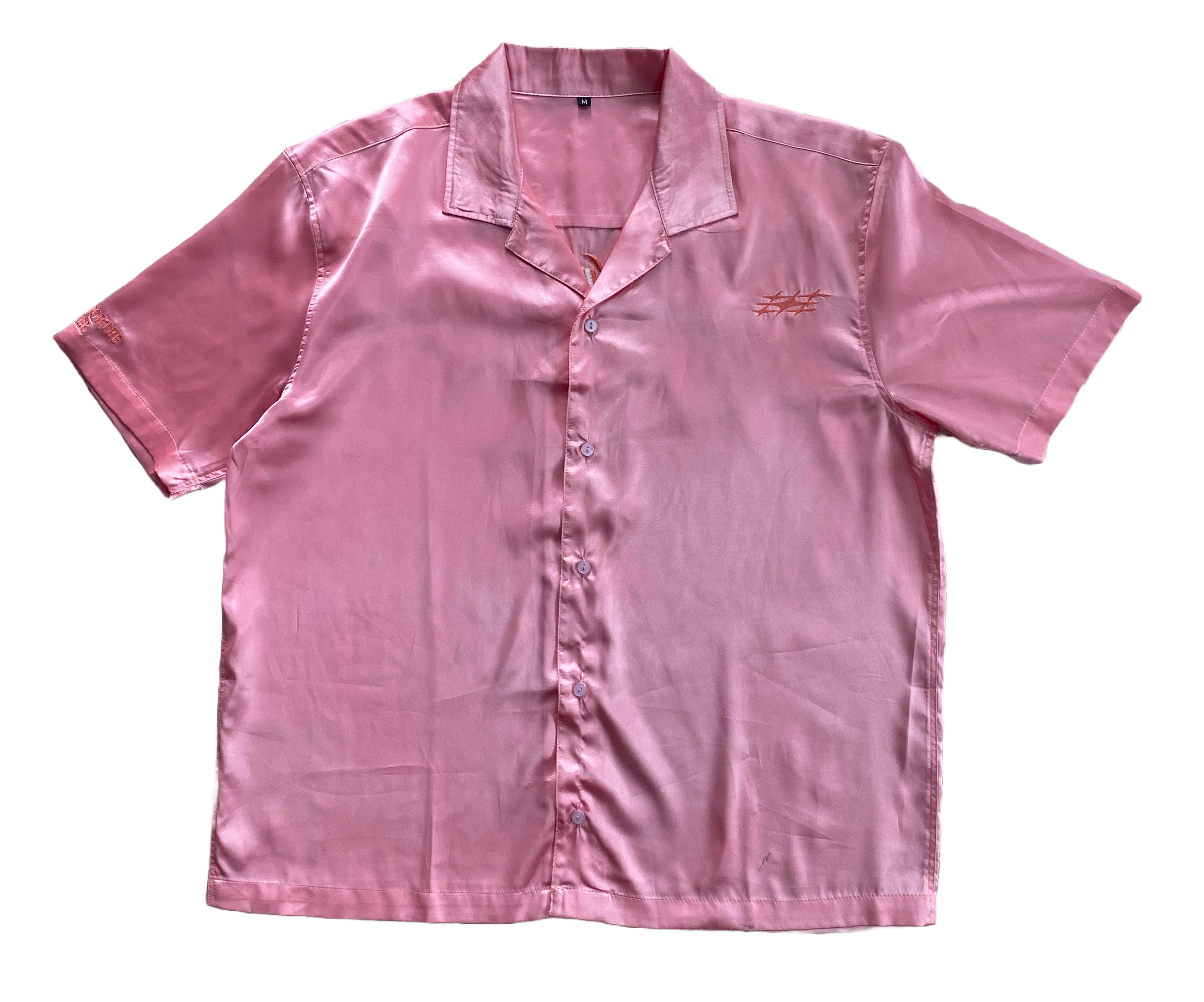 "PINKMAN" Oversized Half Sleeve Collared Pink Satin Embroidered Shirt
